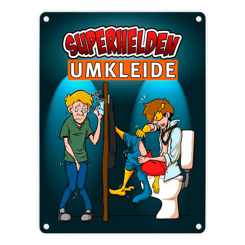 Metallschild mit lustigem Comic-Design für Toiletten - Superhelden-Umkleide