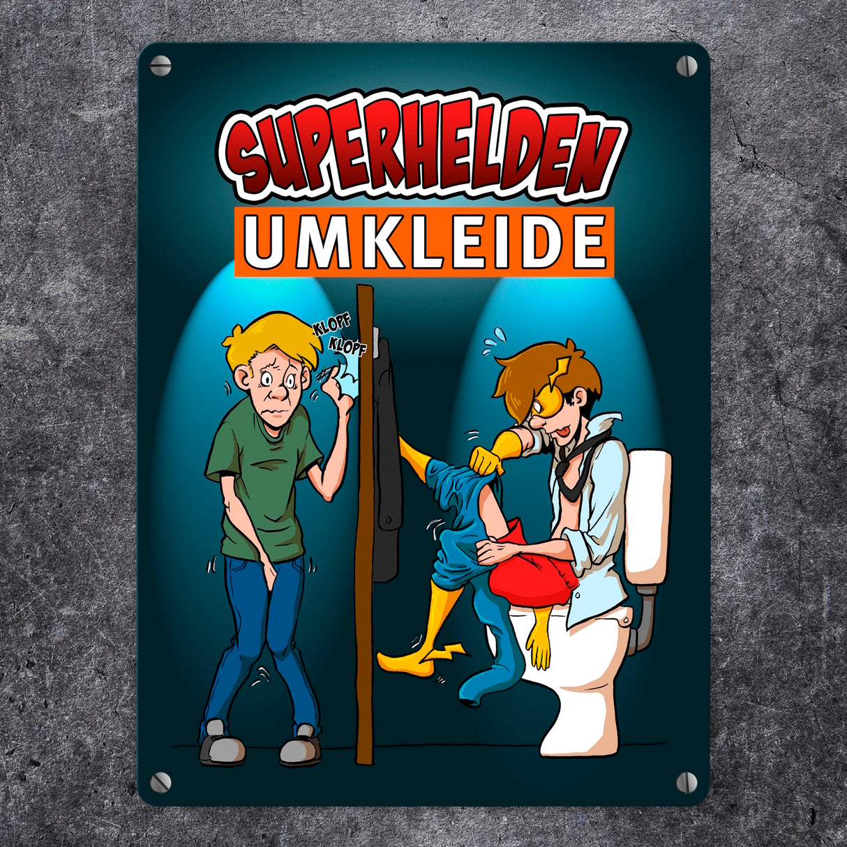 Metallschild mit lustigem Comic-Design für Toiletten - Superhelden-Umkleide