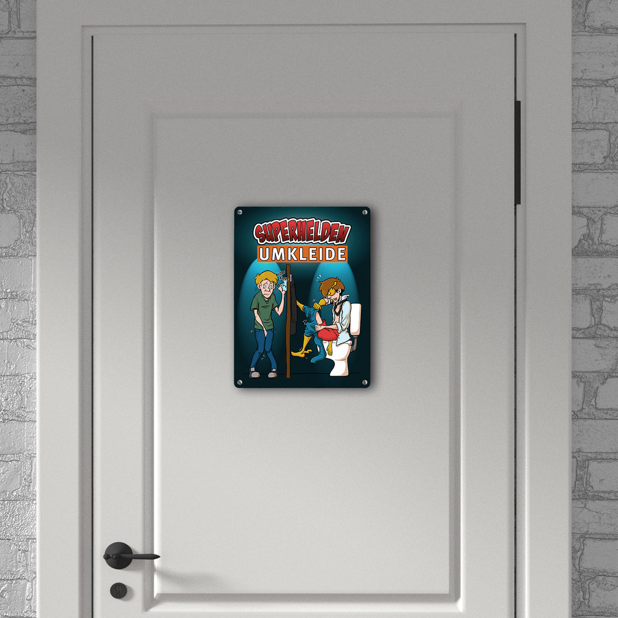 Metallschild mit lustigem Comic-Design für Toiletten - Superhelden-Umkleide