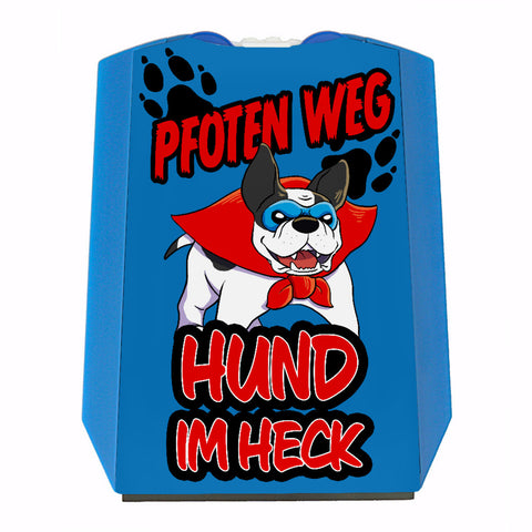 Parkscheibe mit Superhelden Hund-Motiv und Spruch - Pfoten weg Hund im Heck