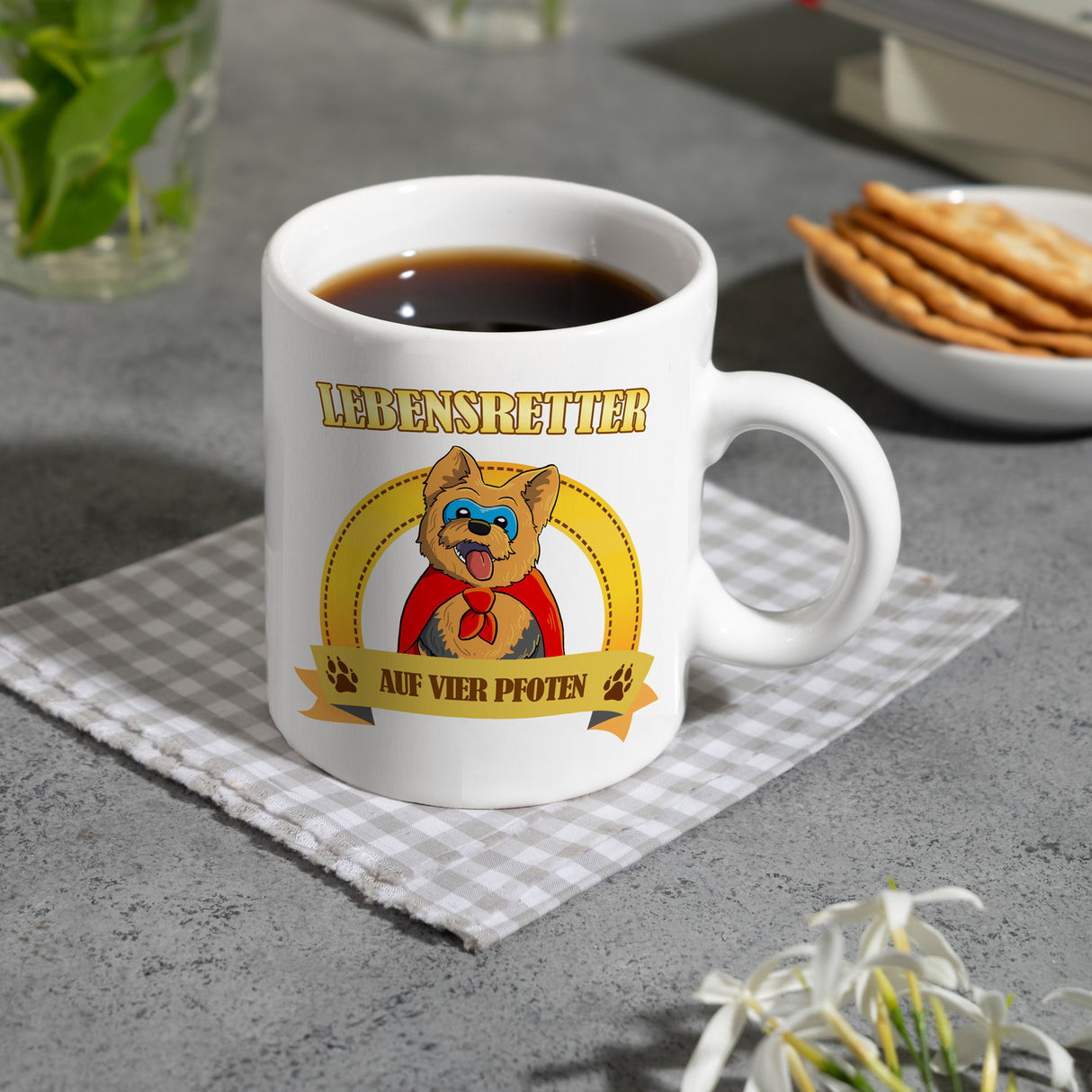 Kaffeebecher mit Superheld - Yorkshire Terrier - Lebensretter auf vier Pfoten