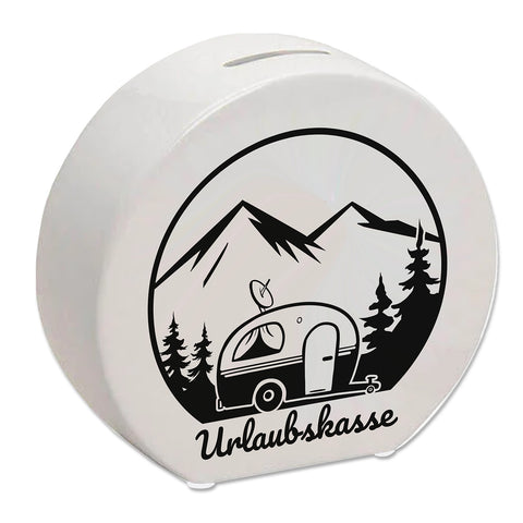 Urlaubskasse Spardose -weiß mit Wohnwagen - Camping im Wald