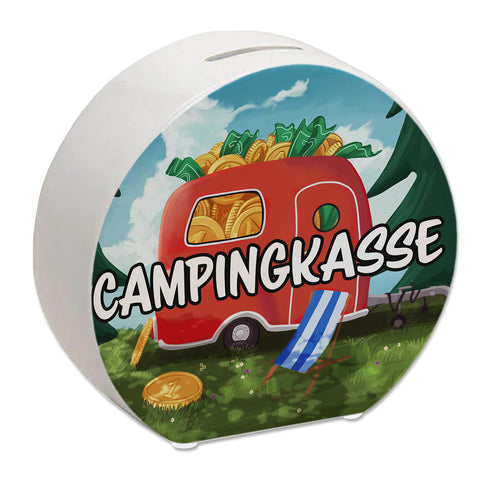 Spardose aus Keramik mit Camper Motiv und Text - Wohnwagen im Wald Campingkasse