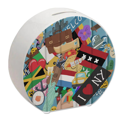 Spardose aus Keramik im Koffer Design mit Stickeroptik aus verschiedenen Ländern