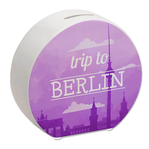 Spardose mit schönem Motiv und Text - Trip to Berlin in lila