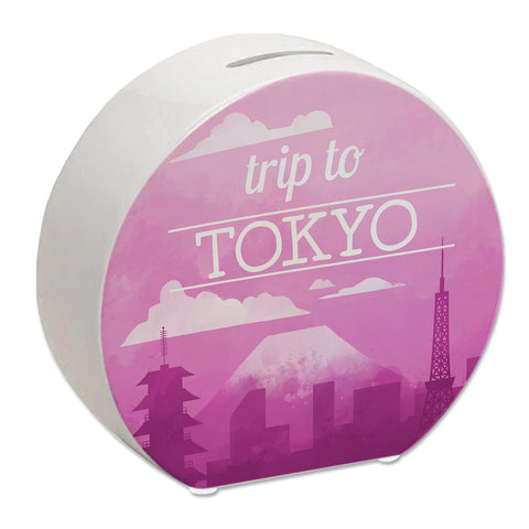 Spardose mit schönem Motiv und Text - Trip to Tokyo in pink