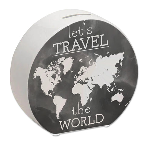 Spardose mit Weltkarten Motiv und Text - let's travel the world