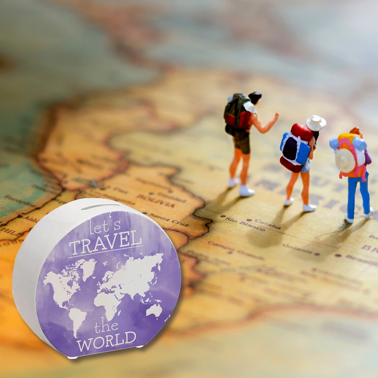Spardose mit Weltkarten Motiv und Text - let's travel the world in Lila