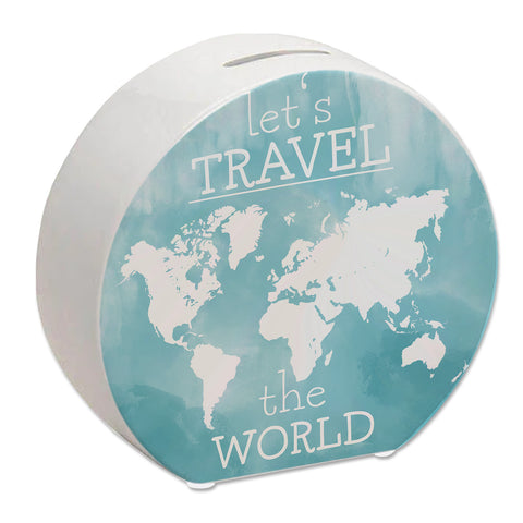 Spardose mit Weltkarten Motiv und Text - let's travel the world