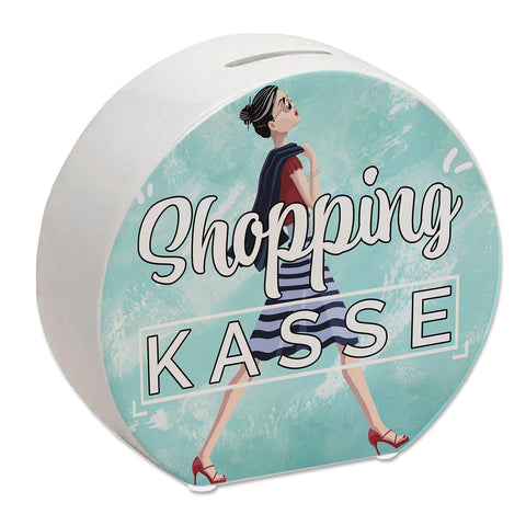 Spardose aus Keramik mit Diva Motiv vor blauem Hintergrund - Shopping Kasse