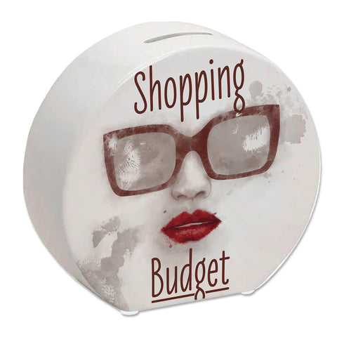 Spardose aus Keramik mit coolem Sonnenbrillenmotiv und Spruch - Shopping Budget
