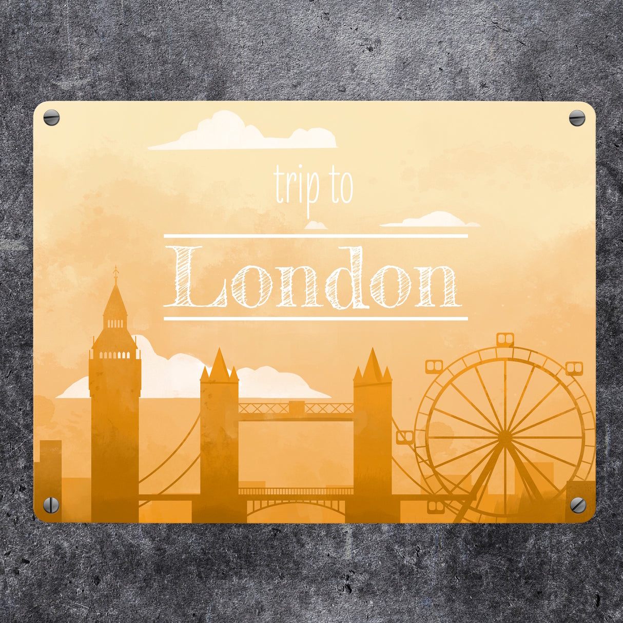 Metallschild für Fans von Städtetrips mit der Silhouette von London