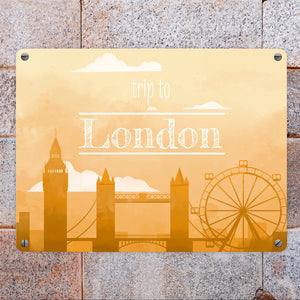 Metallschild für Fans von Städtetrips mit der Silhouette von London