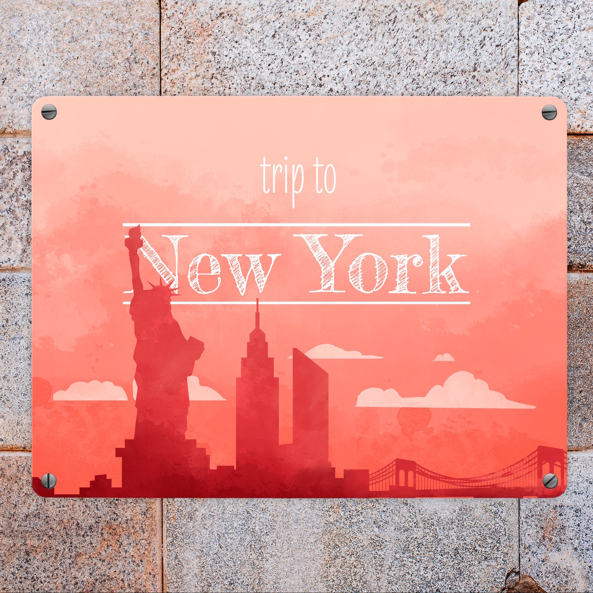 Metallschild in 15x20 cm für Fans von Städtetrips mit der Silhouette von New York in orange