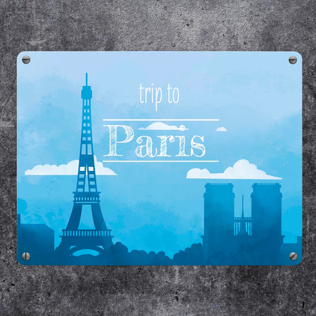 Metallschild in 15x20 cm für Fans von Städtetrips mit der Silhouette von Paris