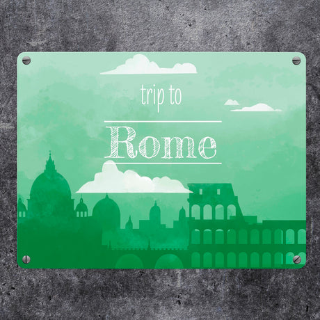 Metallschild in 15x20 cm für Fans von Städtetrips mit der Silhouette von Rom