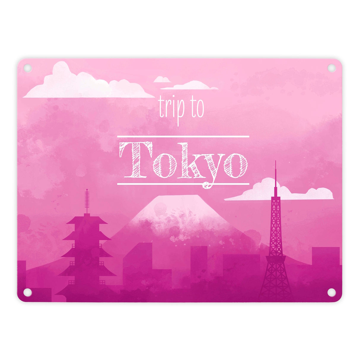Metallschild in 15x20 cm für Fans von Städtetrips mit der Silhouette von Tokyo in pink