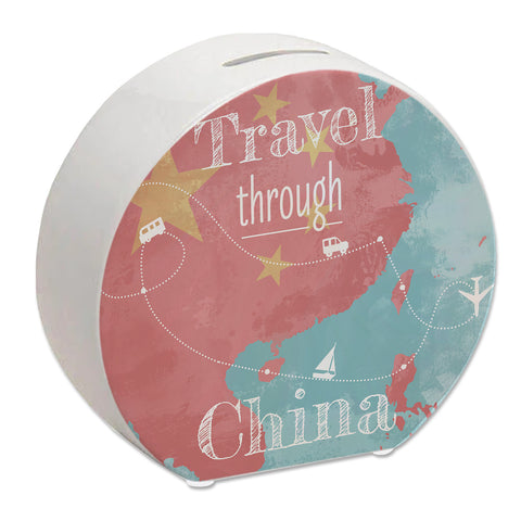 Spardose mit China Karte und Spruch - travel through China