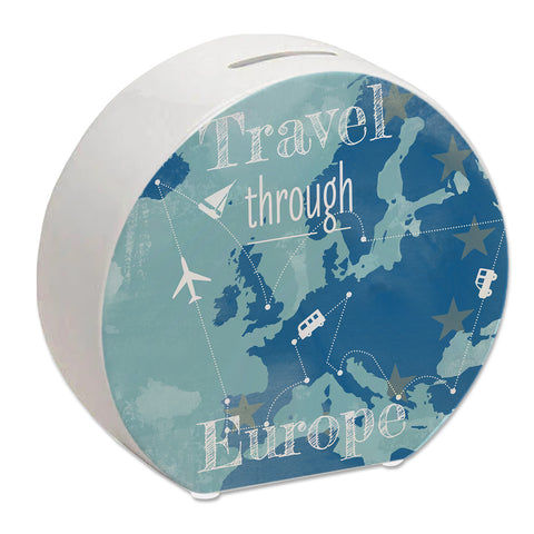 Spardose mit Europa Karte und Spruch - travel through Europa