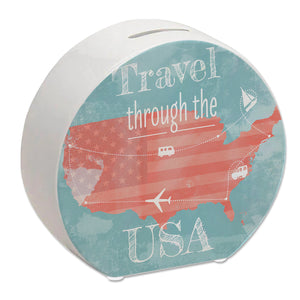 Spardose mit USA Karte und Spruch - travel through USA