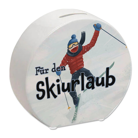 Spardose mit lustigem Skifahrer-Motiv und Spruch - Für den Skiurlaub