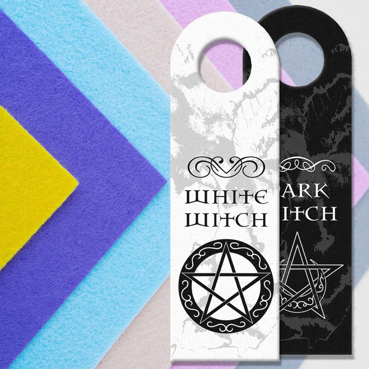 Türhänger mit magischen Pentagrammen und Spruch - White Witch - Dark Witch