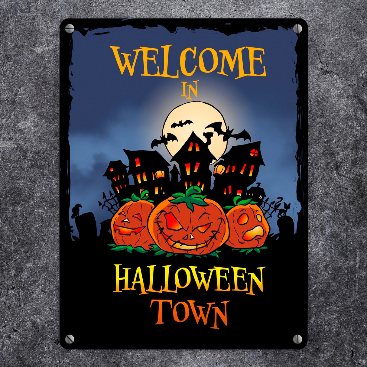 Metallschild mit gruseligem Motiv und Spruch - Welcome in Halloween Town -