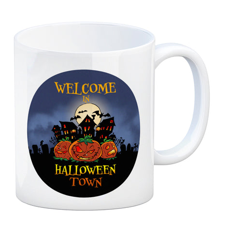 Kaffeebecher mit gruseligem Motiv und Spruch - Welcome in Halloween Town -