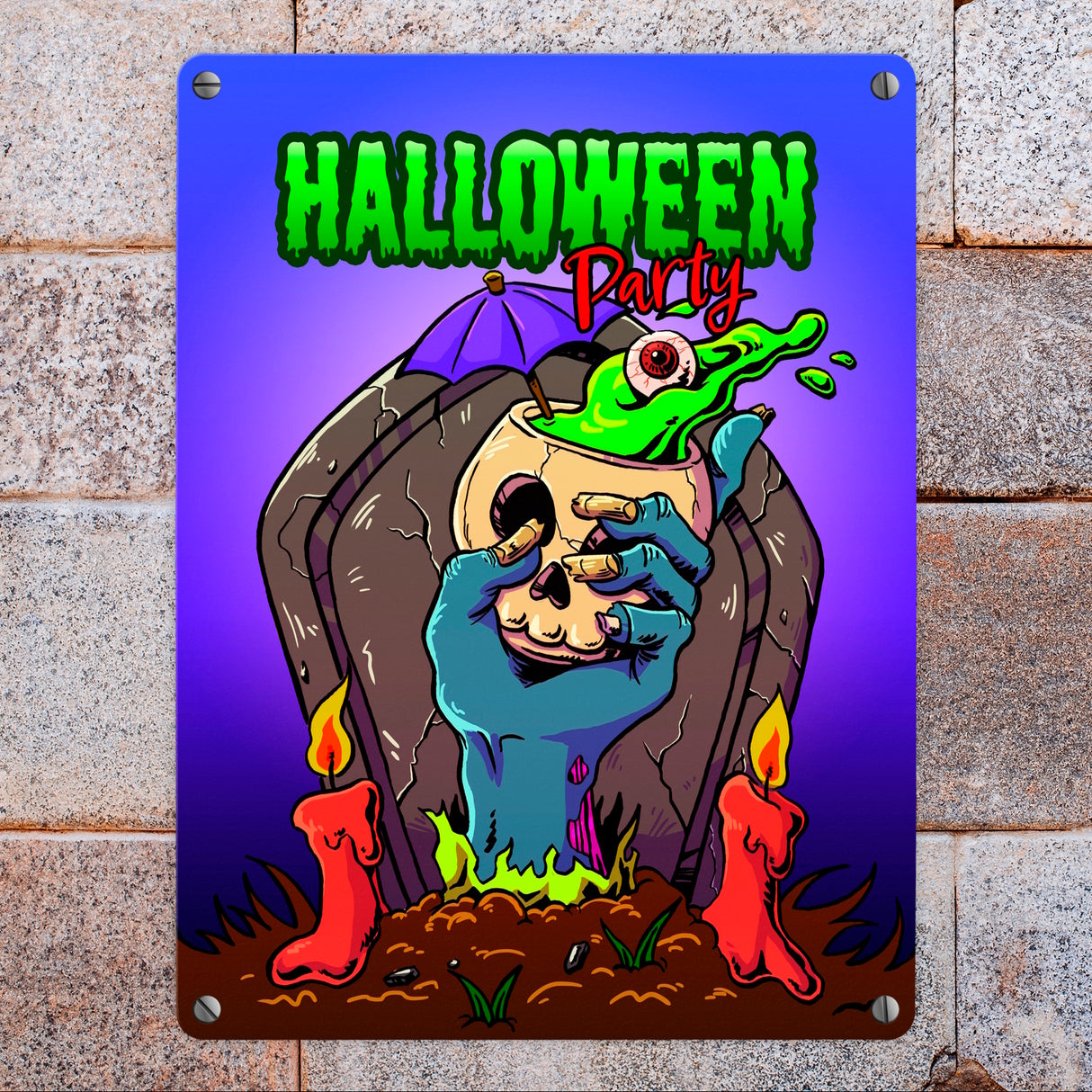 Metallschild mit Halloween Party Motiv und schauriger Zombiehand