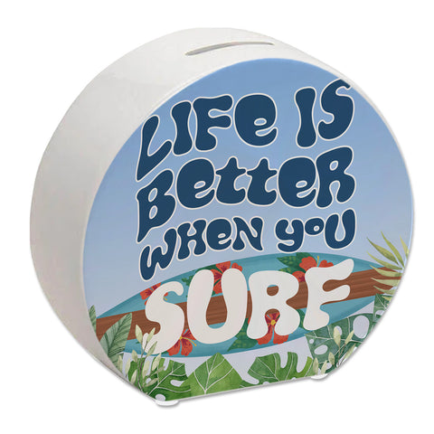 Spardose mit schönem Surfbrett Motiv und Spruch - Life is better when you surf