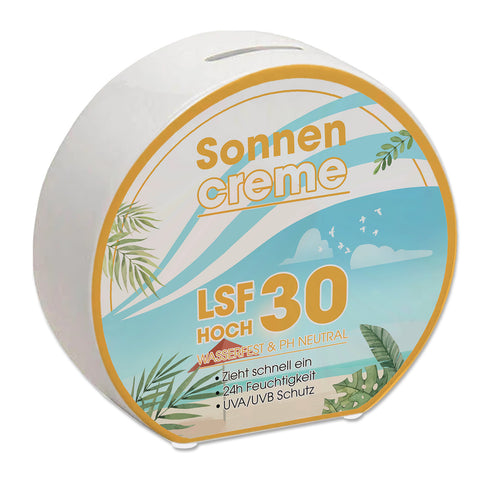 Spardose mit Sonnencreme Motiv - Für Urlauber die auf den Sommerurlaub sparen