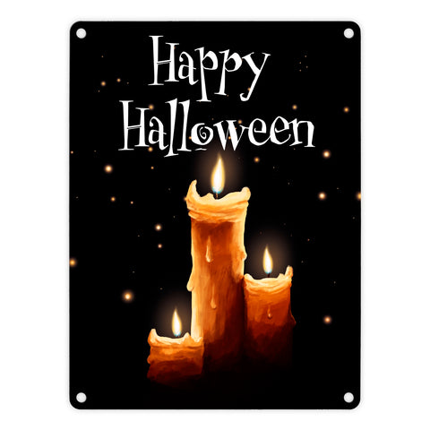 Metallschild mit gruseligem Kerzen Motiv und Happy Halloween Schriftzug
