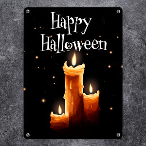 Metallschild mit gruseligem Kerzen Motiv und Happy Halloween Schriftzug