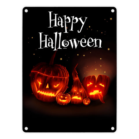 Metallschild mit gruseligem Kürbis Motiv und Happy Halloween Schriftzug