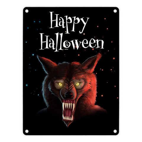 Metallschild mit gruseligem Wolf Motiv und Happy Halloween Schriftzug