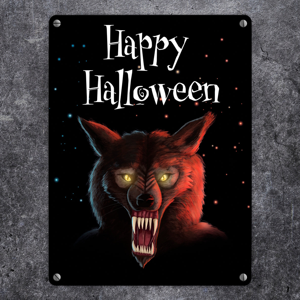 Metallschild mit gruseligem Wolf Motiv und Happy Halloween Schriftzug