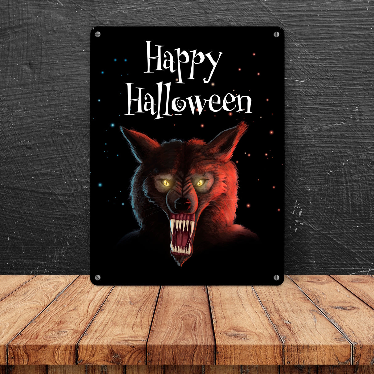 Metallschild mit gruseligem Wolf Motiv und Happy Halloween Schriftzug