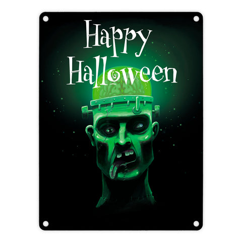 Metallschild in 15x20 cm mit gruseligem Zombie Motiv und Happy Halloween Schriftzug