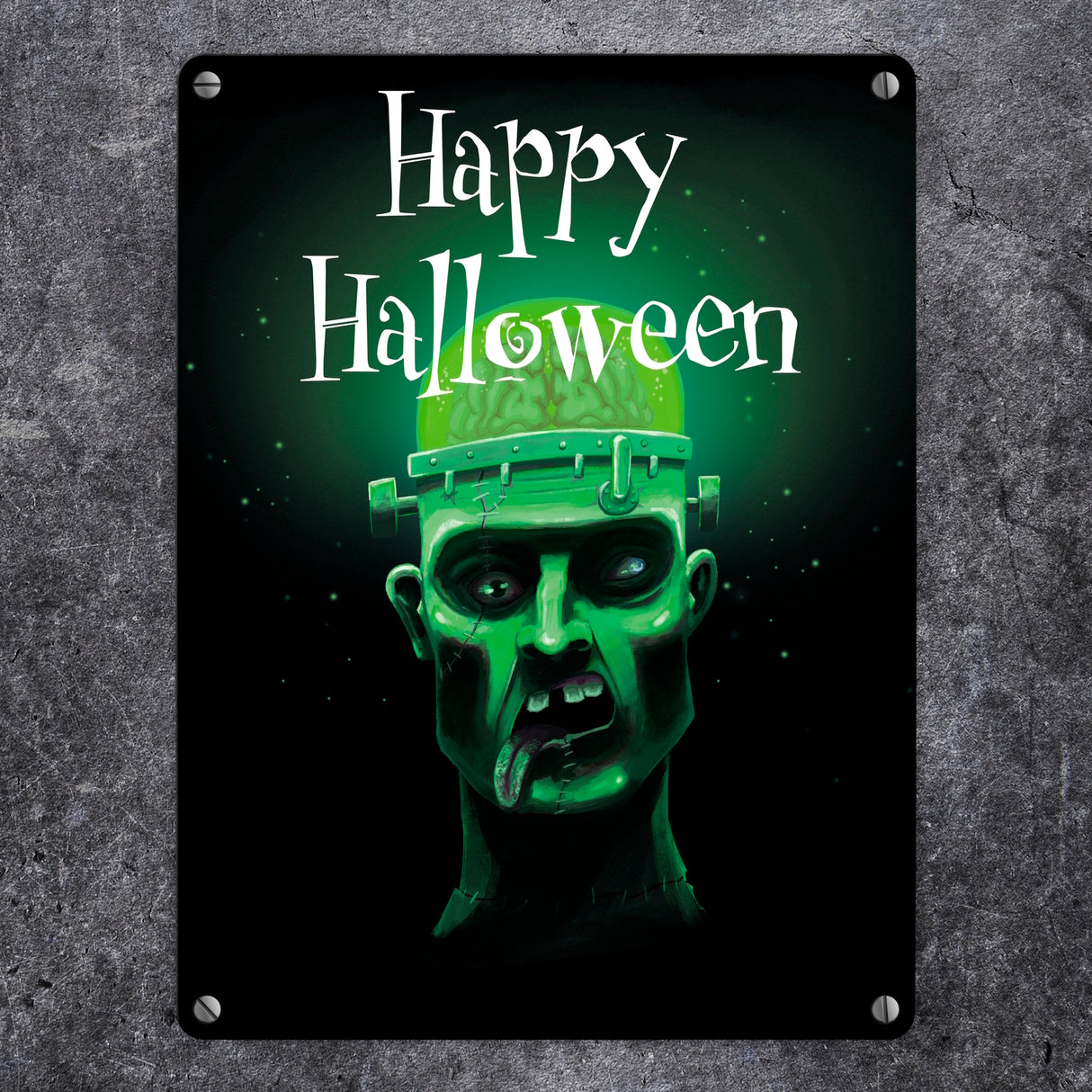 Metallschild in 15x20 cm mit gruseligem Zombie Motiv und Happy Halloween Schriftzug