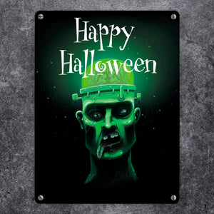 Metallschild in 15x20 cm mit gruseligem Zombie Motiv und Happy Halloween Schriftzug