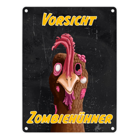 Vorsicht Zombiehuhn Metallschild in dunkelgrau