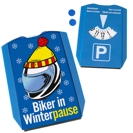 Parkscheibe zum Thema Motorradfahren mit Spruch Biker in Winterpause