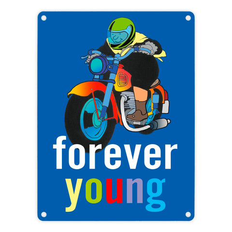 Metallschild mit Oma auf Motorrad und Spruch: forever young