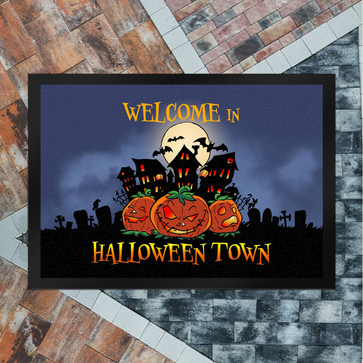 Fußmatte mit gruseligen Halloween Design und Spruch - Welcome in Halloween Town
