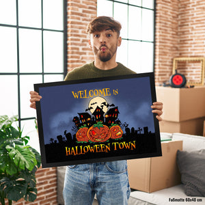 Fußmatte mit gruseligen Halloween Design und Spruch - Welcome in Halloween Town