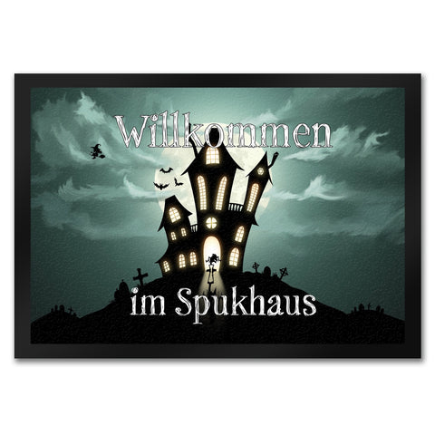 Fußmatte mit gruseligem Halloween Motiv und Spruch - Willkommen im Spukhaus