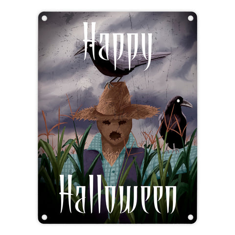 Metallschild mit gruseliger Vogelscheuche und Schriftzug - Happy Halloween