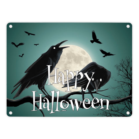 Metallschild mit gruseligem Raben Motiv und Schriftzug - Happy Halloween
