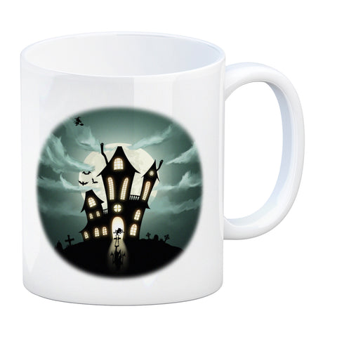 Kaffeetasse mit gruseligem Geisterhaus Motiv und Spruch - Happy Halloween