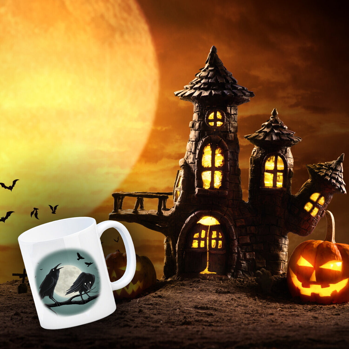 Kaffeetasse mit gruseligem Rabe Motiv und Spruch - Happy Halloween